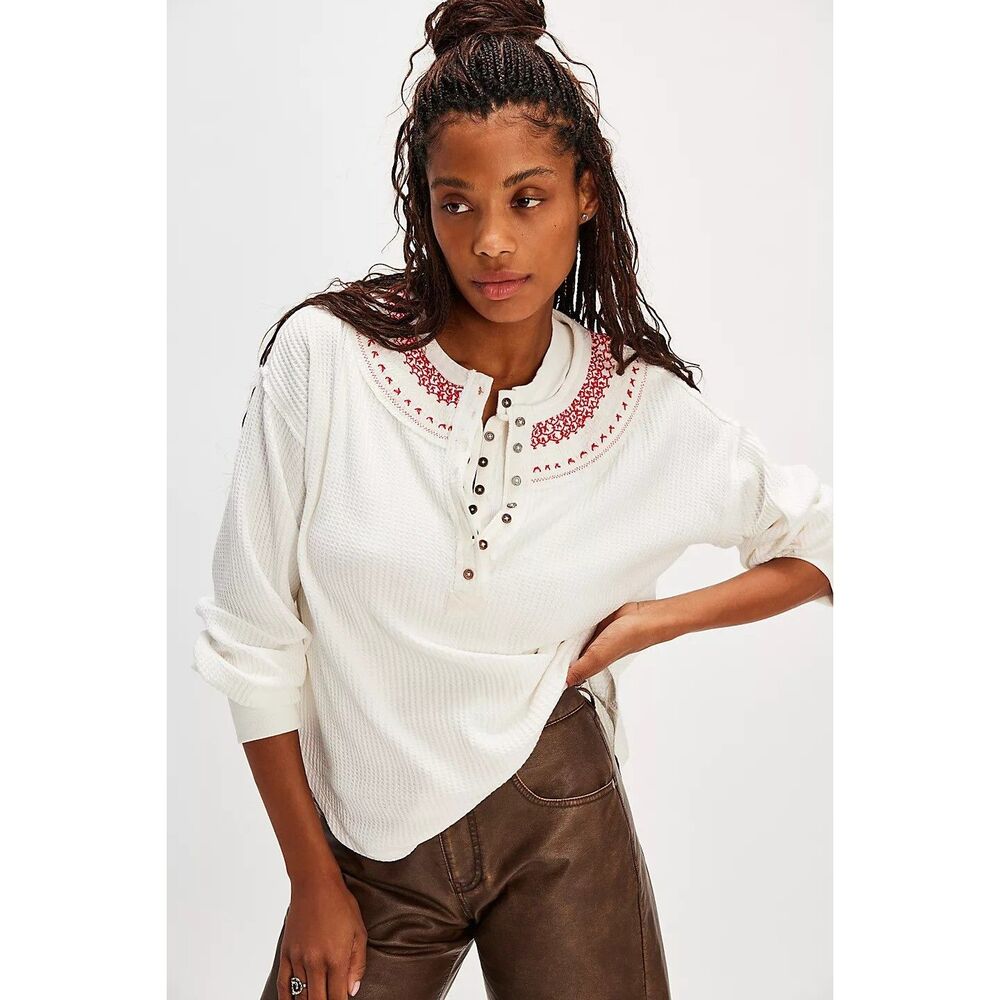 Free People We The Free Holly Henley Tunic Thermal Top Embroidered M 276176